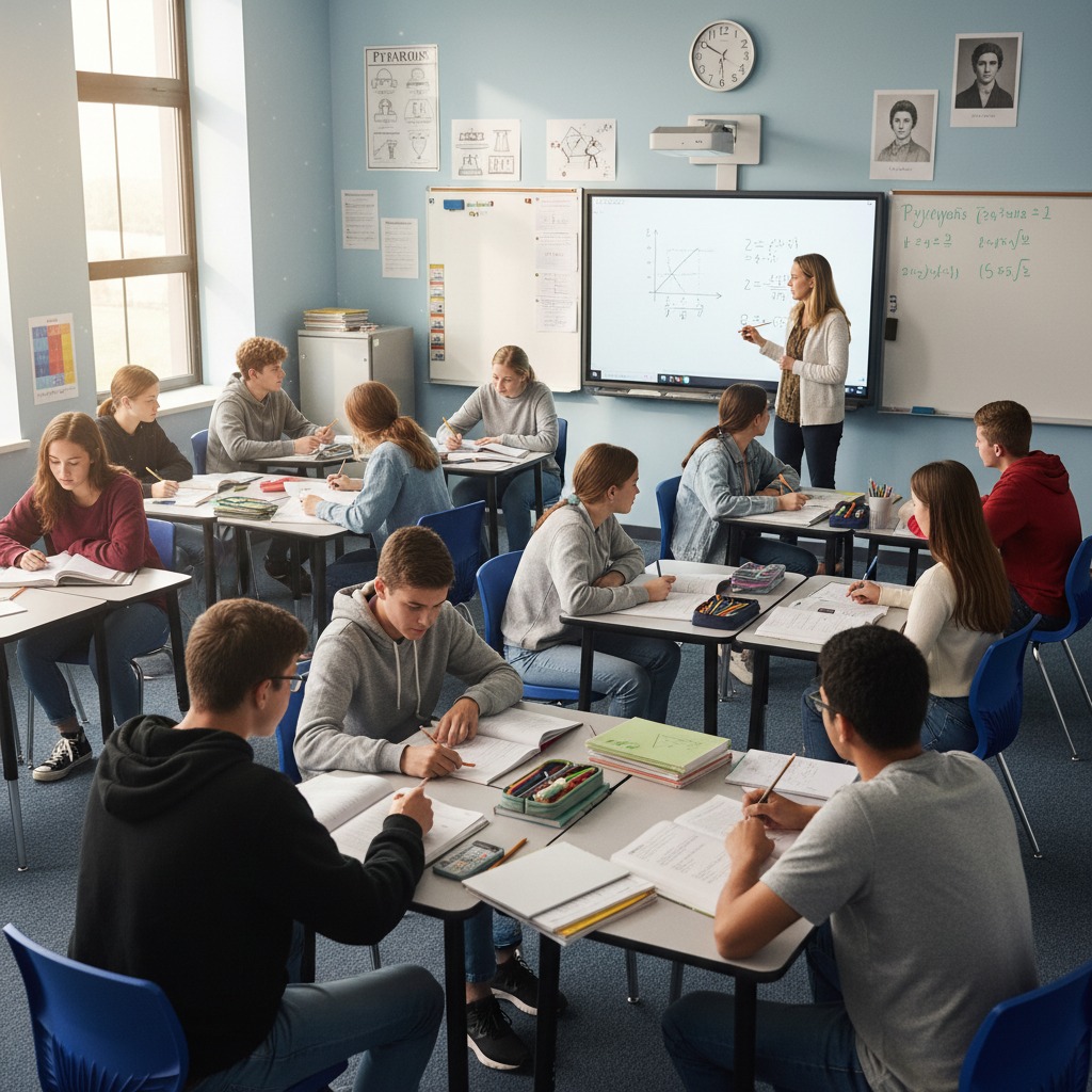 Math Tutoring, class for high school students with teacher explaining lesson at the board.